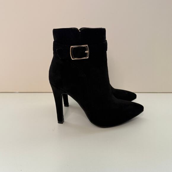 Idifu Dana Pointed Toe Stiletto High Heels Ankle Bootie Sz 6.5 Faux Suede Buckle - Picture 3 of 9